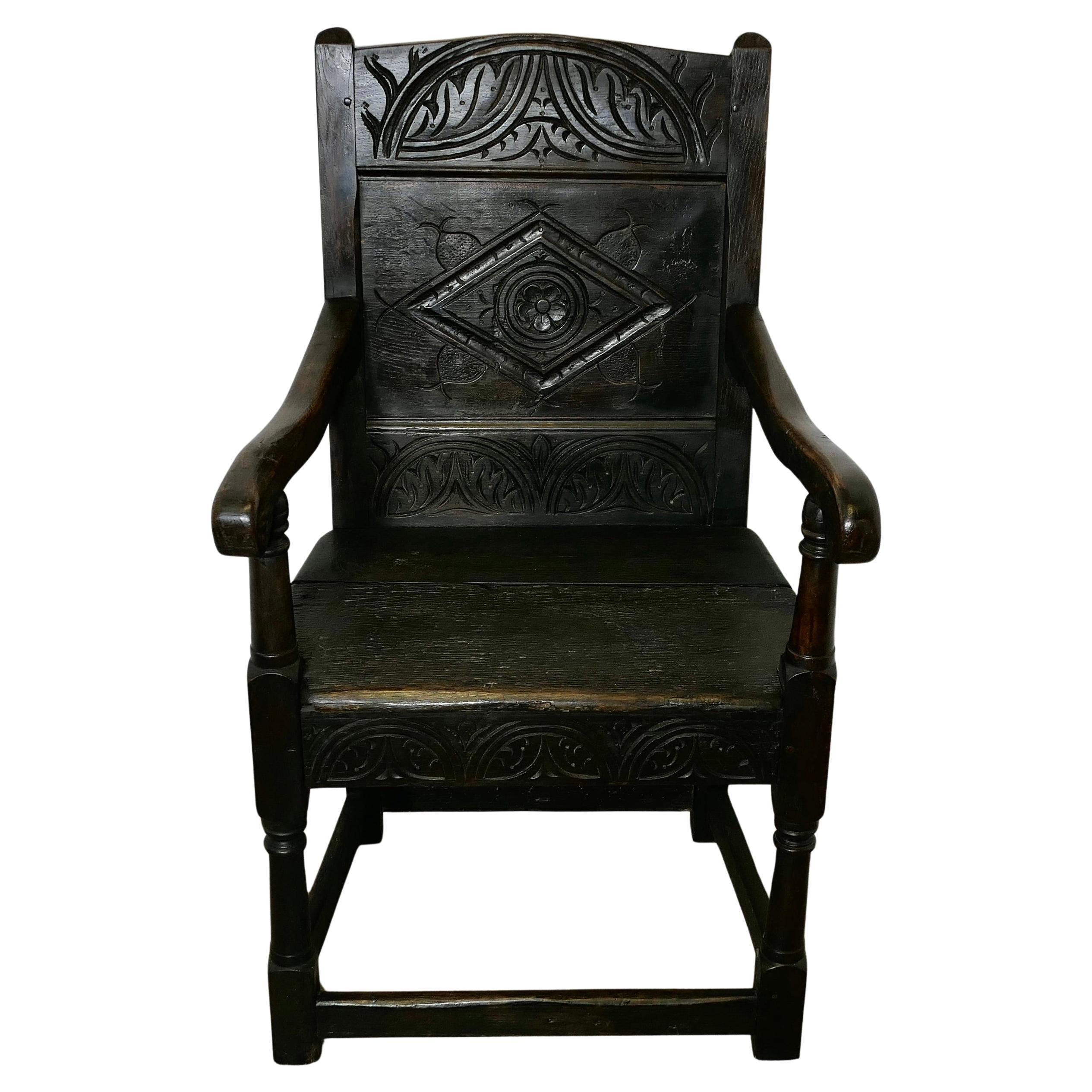 18th Century Gothic Oak Wainscot Chair, Hall Chair, Carved Backrest For Sale
