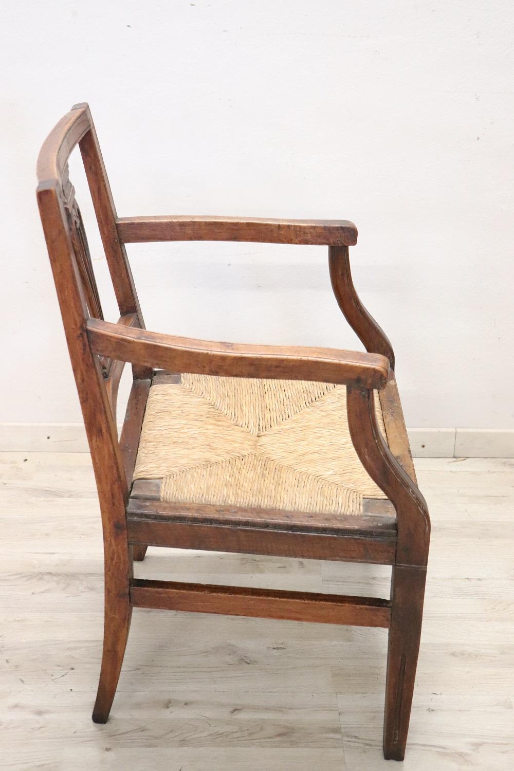 Italian 18th Century of the Period Louis XVI Solid Walnut Armchair with Straw Seat For Sale