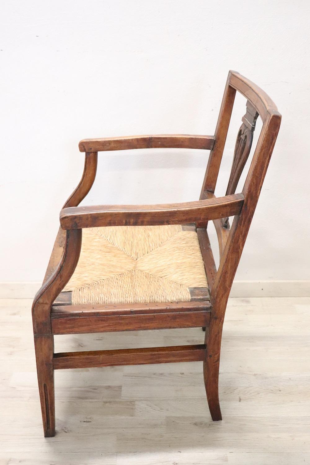 Mid-18th Century 18th Century of the Period Louis XVI Solid Walnut Armchair with Straw Seat For Sale