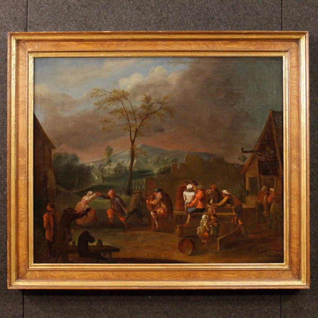 Antique pair of Flemish paintings from 18th century. Oil paintings on canvas depicting village festivals of popular character of excellent pictorial quality. Frameworks of great character finely detailed and full of elements and characters. Modern