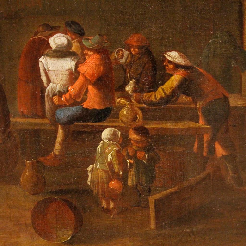 Gilt 18th Century Oil Canvas Flemish Popular Scenes with Characters Paintings, 1780