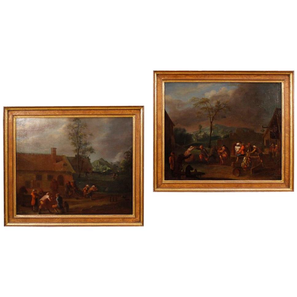 18th Century Oil Canvas Flemish Popular Scenes with Characters Paintings, 1780