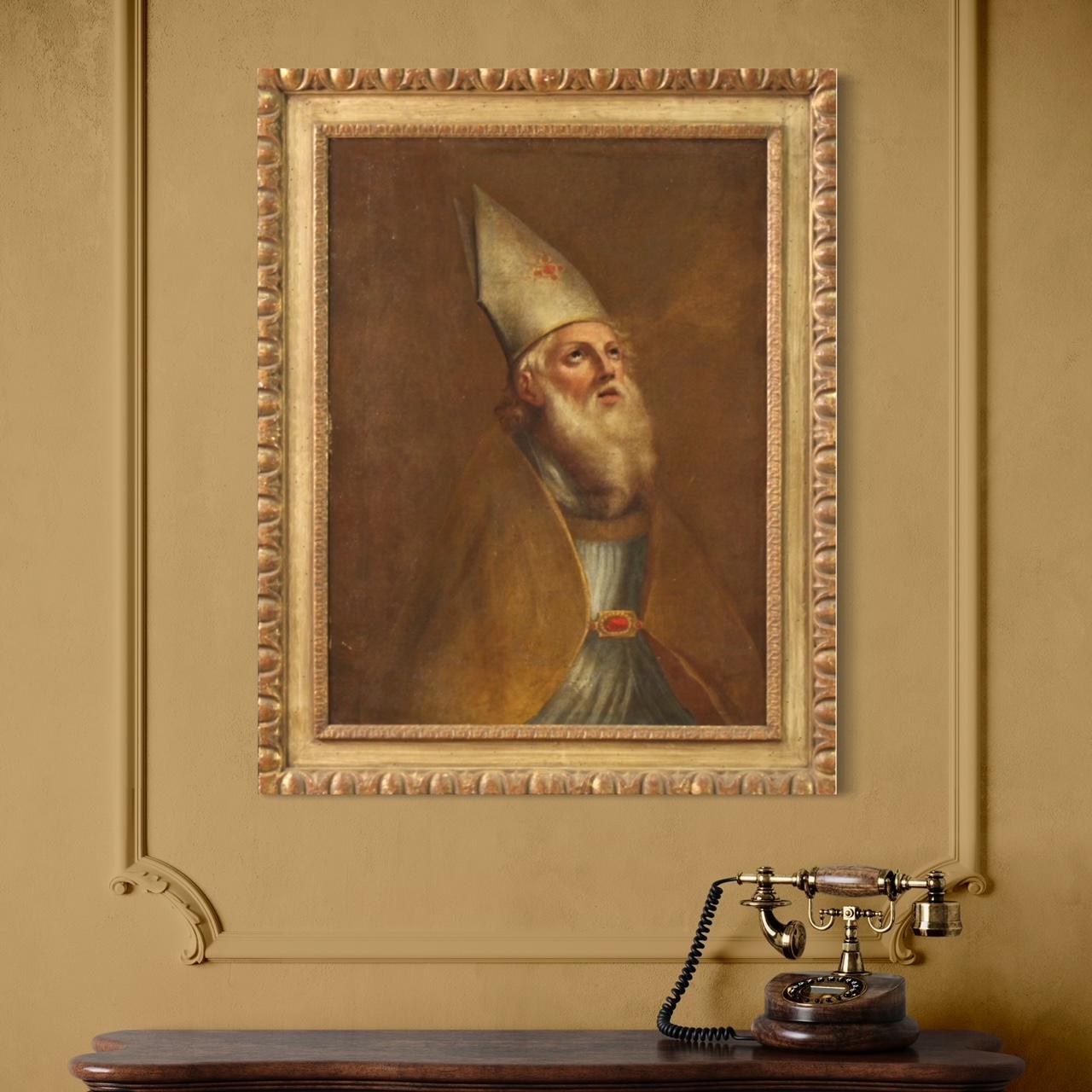 18th Century Oil Canvas Italian Antique Religious Painting Bishop Portrait 1720 For Sale 11
