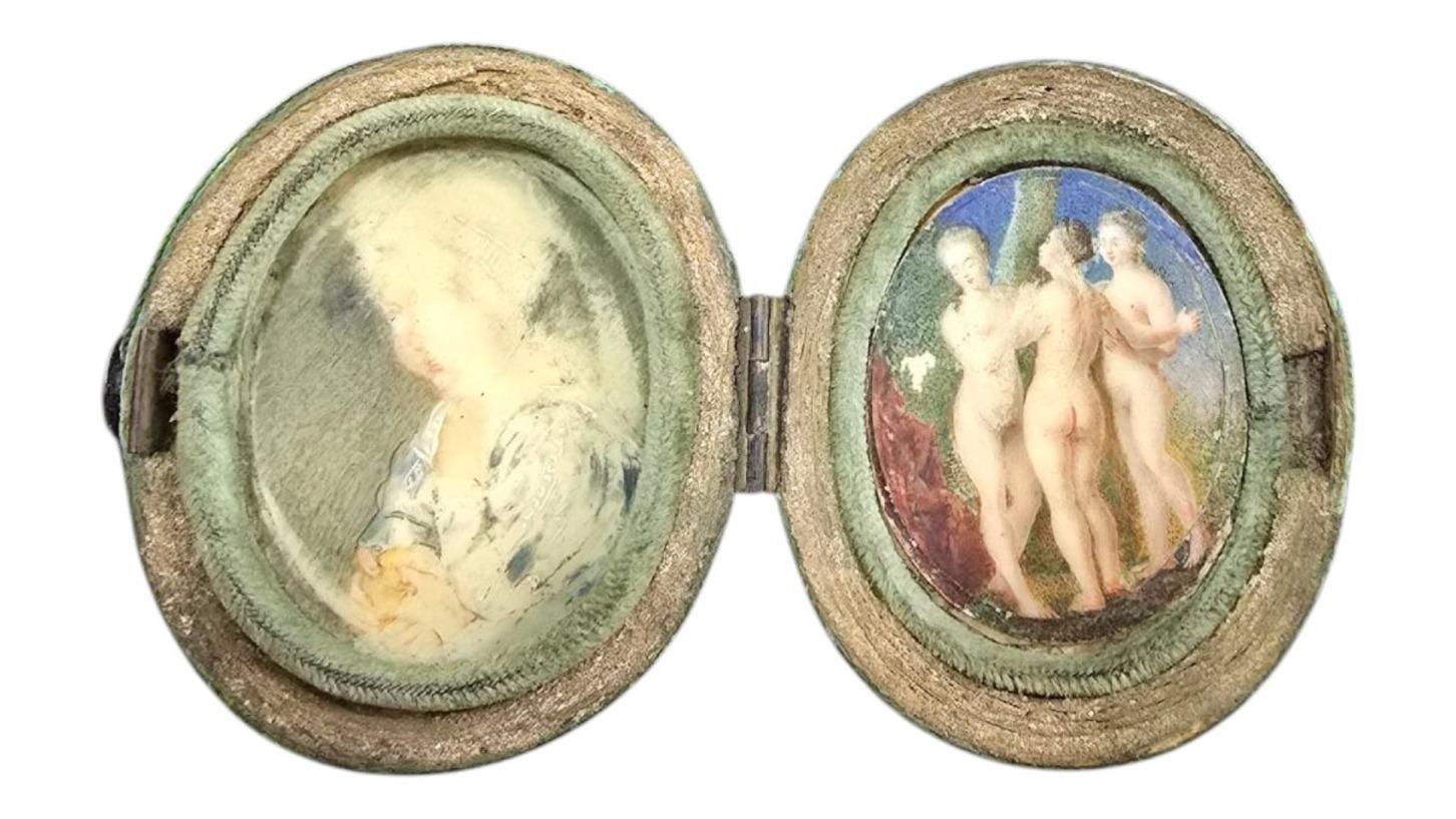 Hand-Painted 18th Century Oil Miniature – The Three Graces For Sale