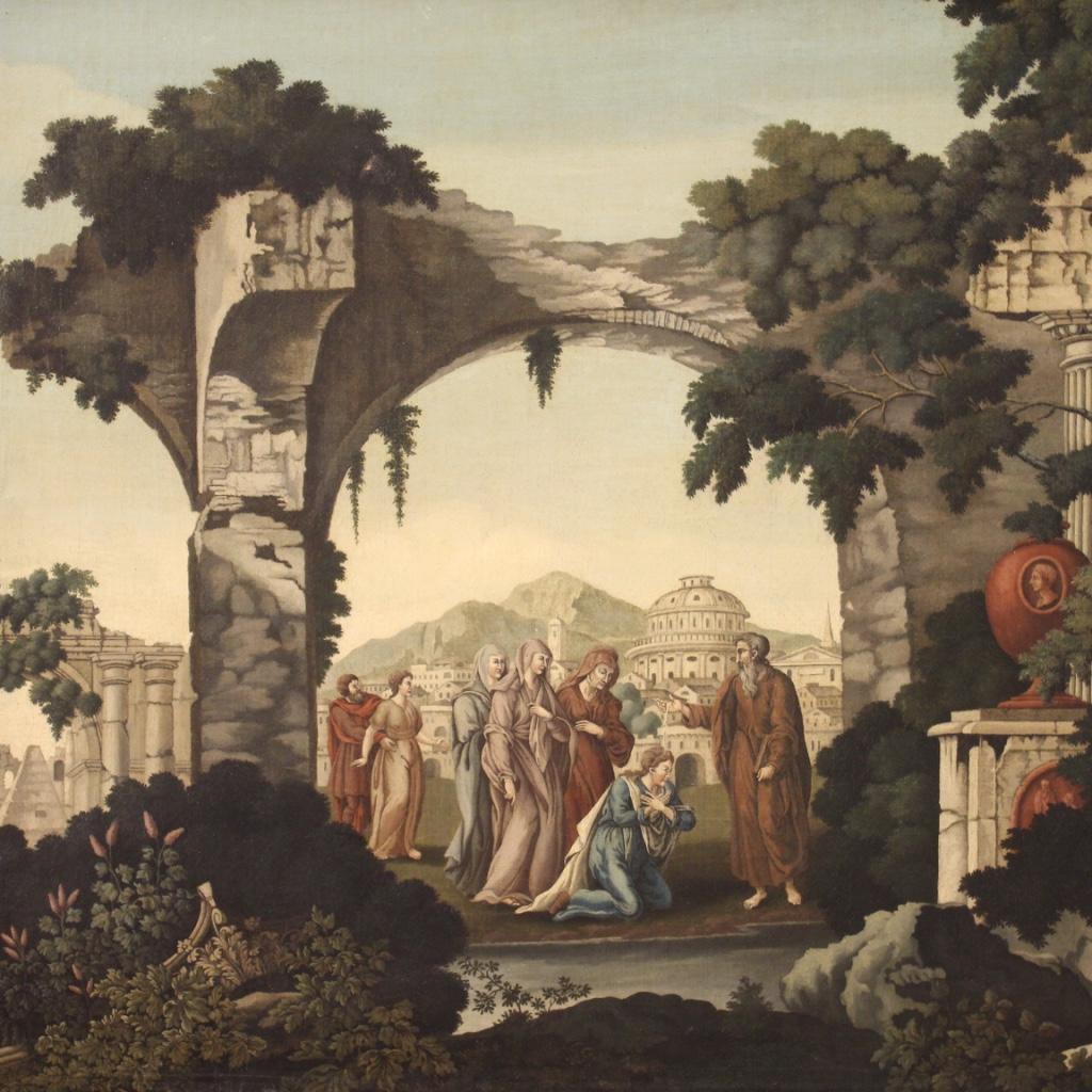 Antique English painting dated 1762. Framework oil on canvas signed lower left J. B. J. (John Baptist Jackson 1701-1780, missing authentication) depicting a religious subject Baptism of Lydia by Saint Paul in the city of Thyatira. Framework of