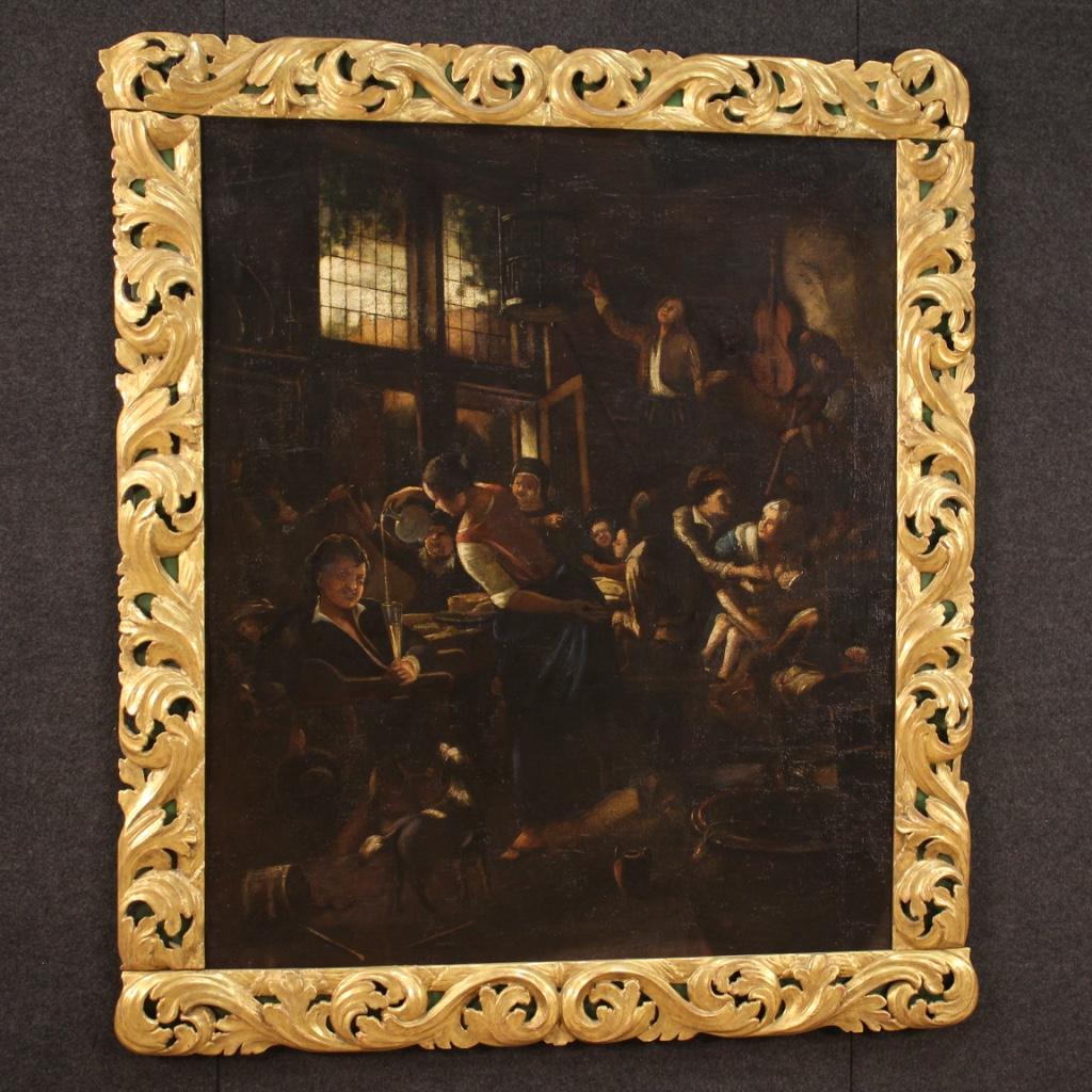 18th Century Oil on Canvas Antique Flemish Interior Scene Painting, 1730 6