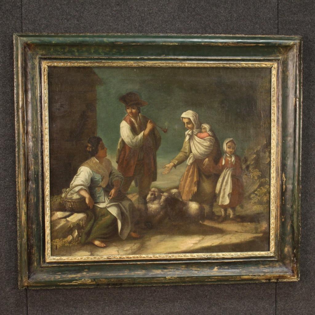 Antique French painting from the second half of the 18th century. Framework oil on canvas depicting genre scene with popular characters of good pictorial quality. Nice size painting with non-coeval frame, in wood and plaster, carved and lacquered