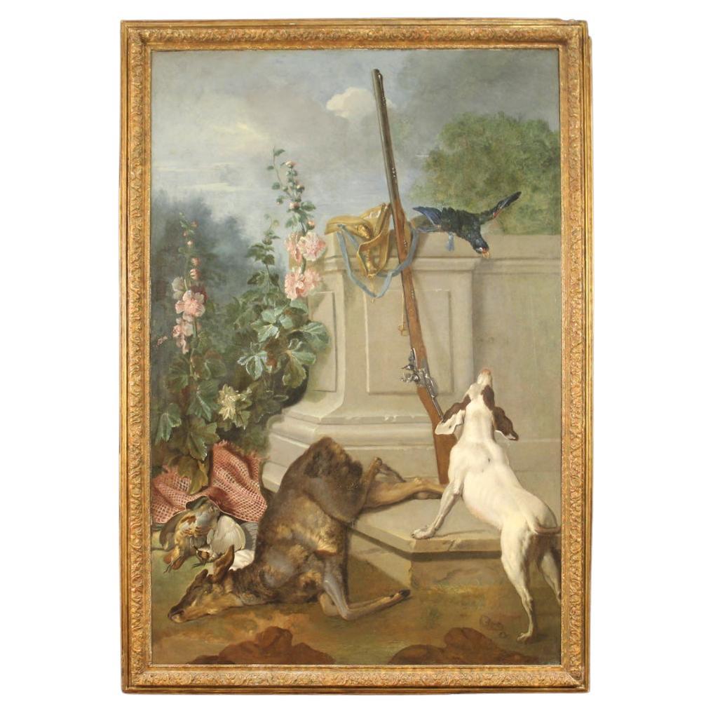 18th Century Oil on Canvas Antique French Painting Hunting Scene Still Life 1770