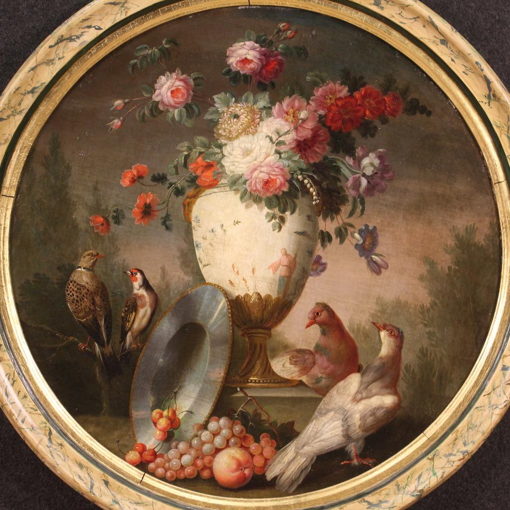 Antique French painting from the second half of the 18th century. Oil on canvas artwork depicting a fabulous still life with flowered vase, fruit and doves of excellent pictorial quality. Painting attributable to Michel-Bruno Bellengé (1726/1793),