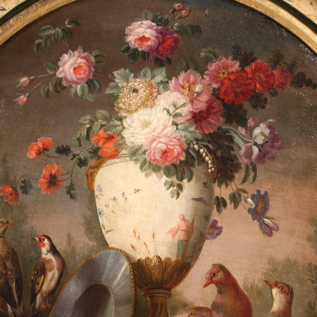 18th Century Oil on Canvas Antique French Round Painting Still Life, 1780 In Good Condition In Vicoforte, Piedmont