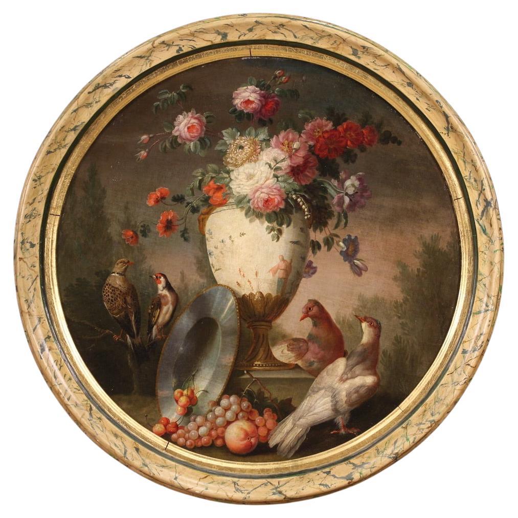 18th Century Oil on Canvas Antique French Round Painting Still Life, 1780