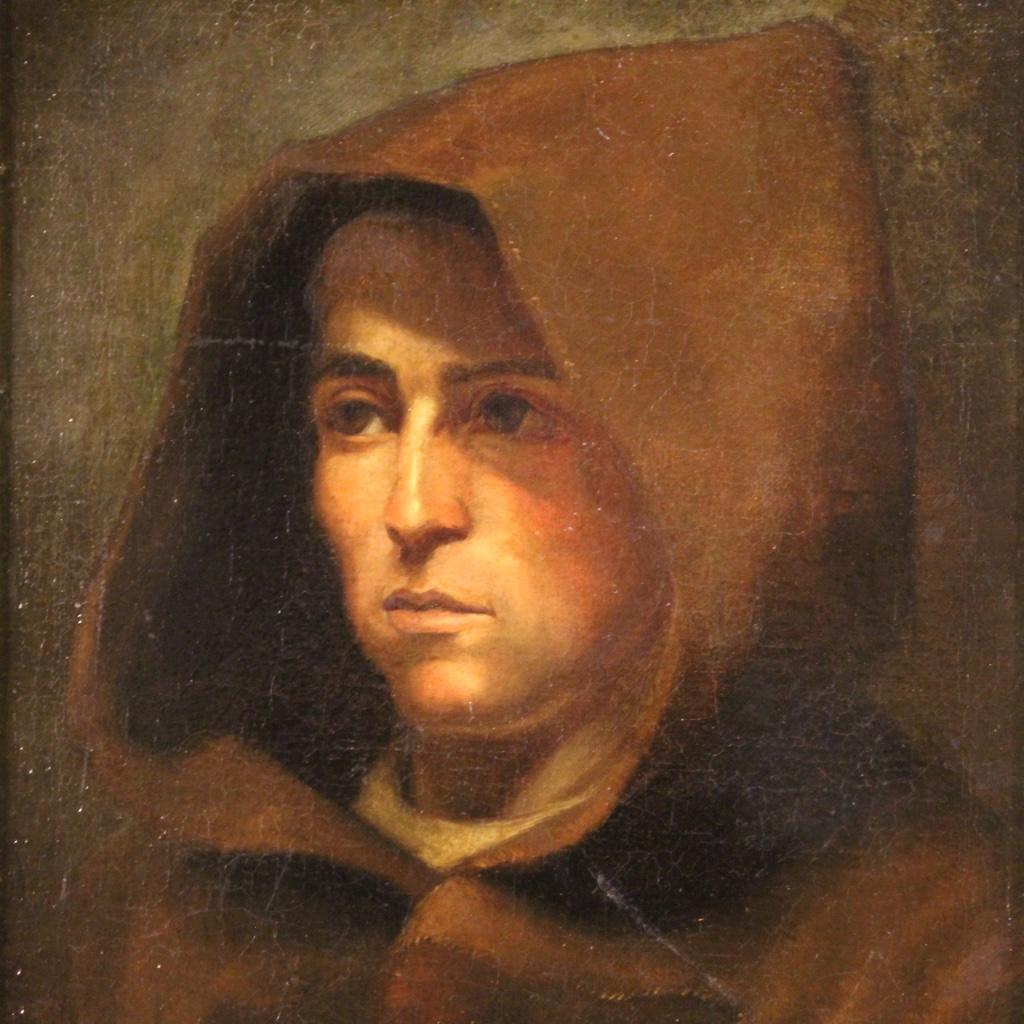 Antique Italian painting from 18th century. Framework oil on canvas depicting a portrait of a hooded friar of good pictorial quality. Painting for antique dealers and collectors of antique portraits adorned with a modern frame in wood and plaster,