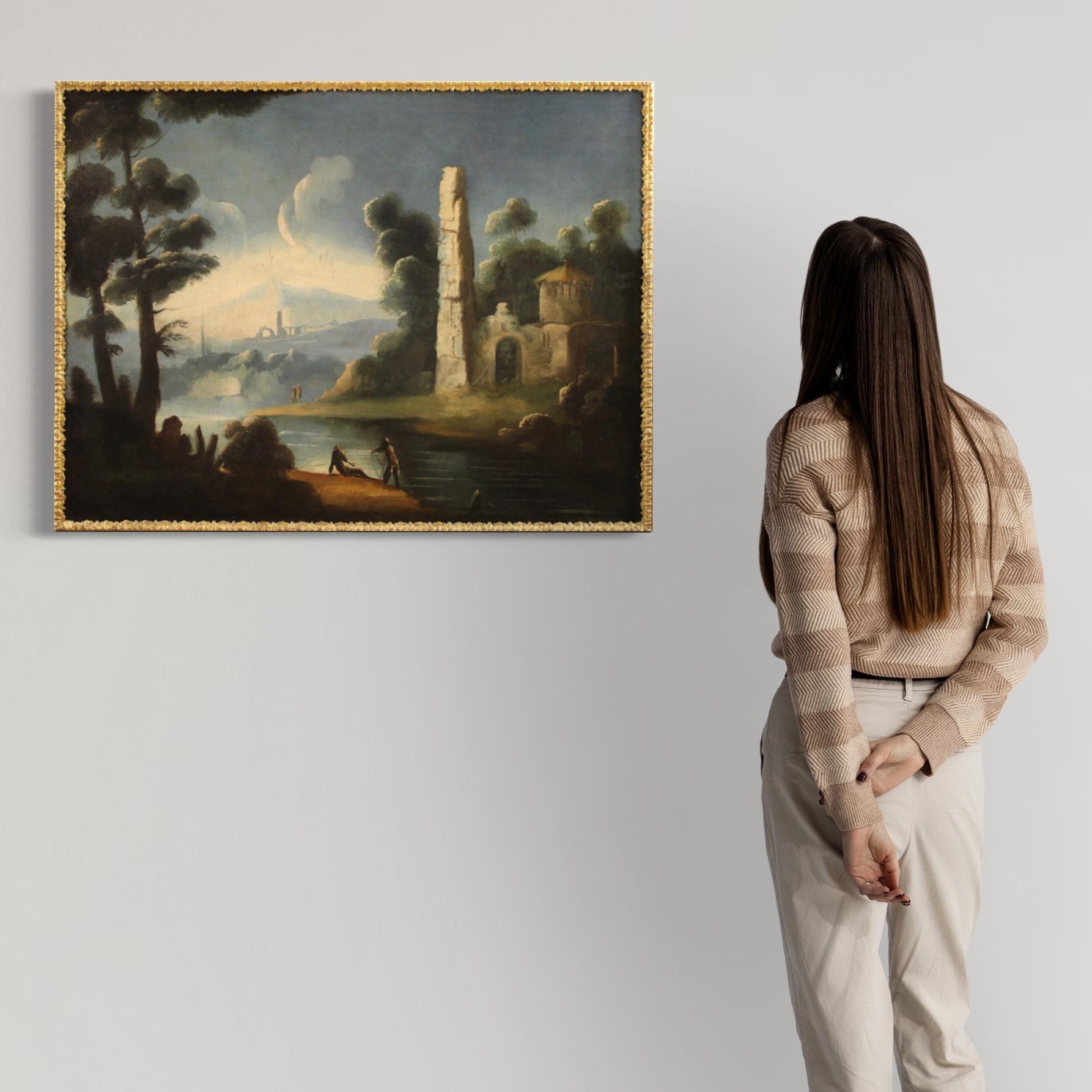 Óleo sobre lienzo del siglo XVIII Pintura antigua de paisaje italiano, 1750 5