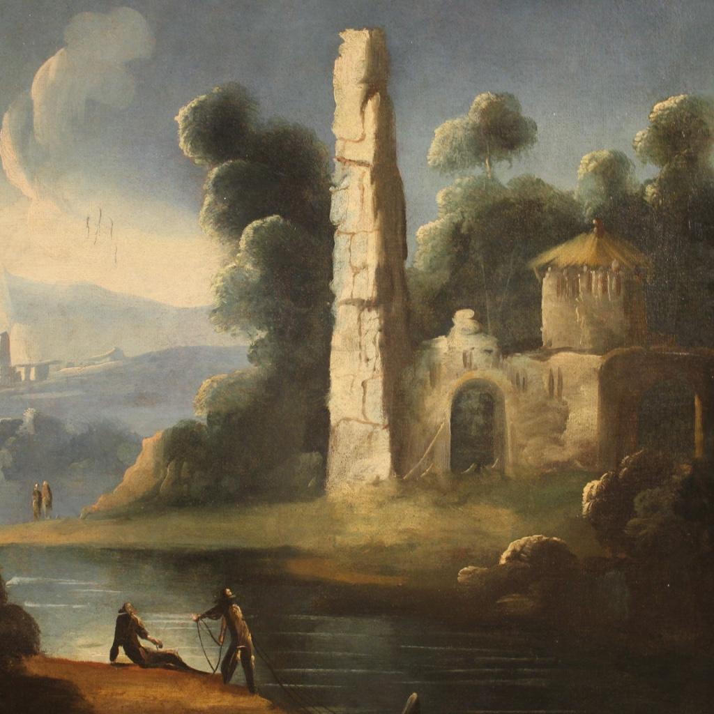 Oiled 18th Century Oil on Canvas Antique Italian Landscape Painting, 1750 For Sale
