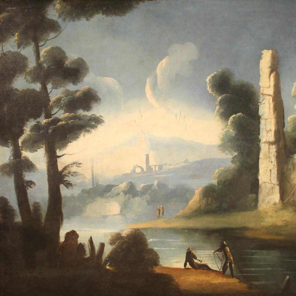 18th Century Oil on Canvas Antique Italian Landscape Painting, 1750 In Good Condition For Sale In Vicoforte, Piedmont