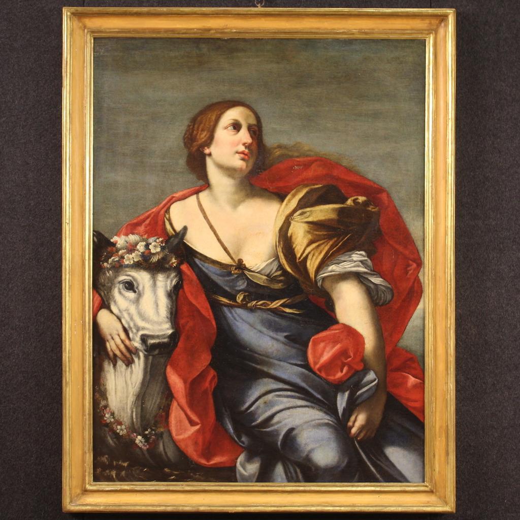 Ancient Italian painting from the first half of the 18th century. Framework oil on canvas depicting the mythological subject Rape of Europa of excellent pictorial quality. Painting of great size and impact adorned with a pleasantly sculpted,