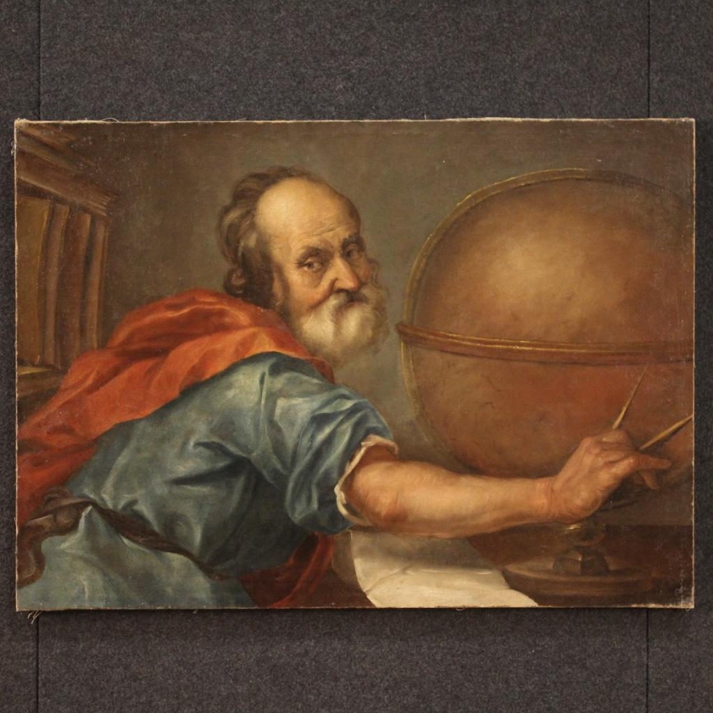Antique Italian painting from the 18th century. Framework oil on canvas depicting the portrait of the Greek philosopher Democritus of good pictorial quality. Nice size and pleasantly decorated painting, without frame, for antique dealers and