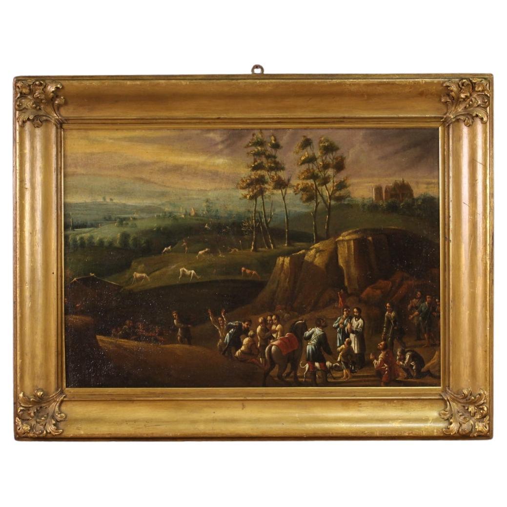 18th Century Oil on Canvas Antique Italian Painting Landscape with Wayfarers For Sale