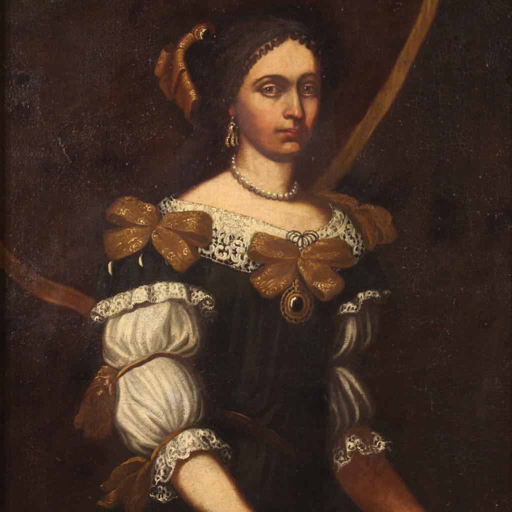 Oiled 18th Century Oil On Canvas Antique Italian Portrait of a Noblewoman, 1730s
