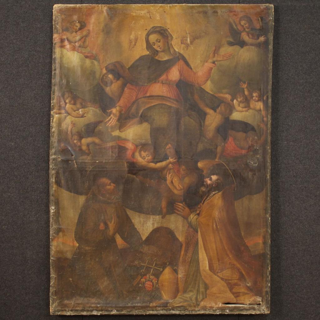 Antique Italian painting from 18th century. Framework oil on canvas in first canvas and in fabulous patina depicting a subject of sacred art Virgin with angels and saints of good pictorial quality. Painting of great size and impact for antique