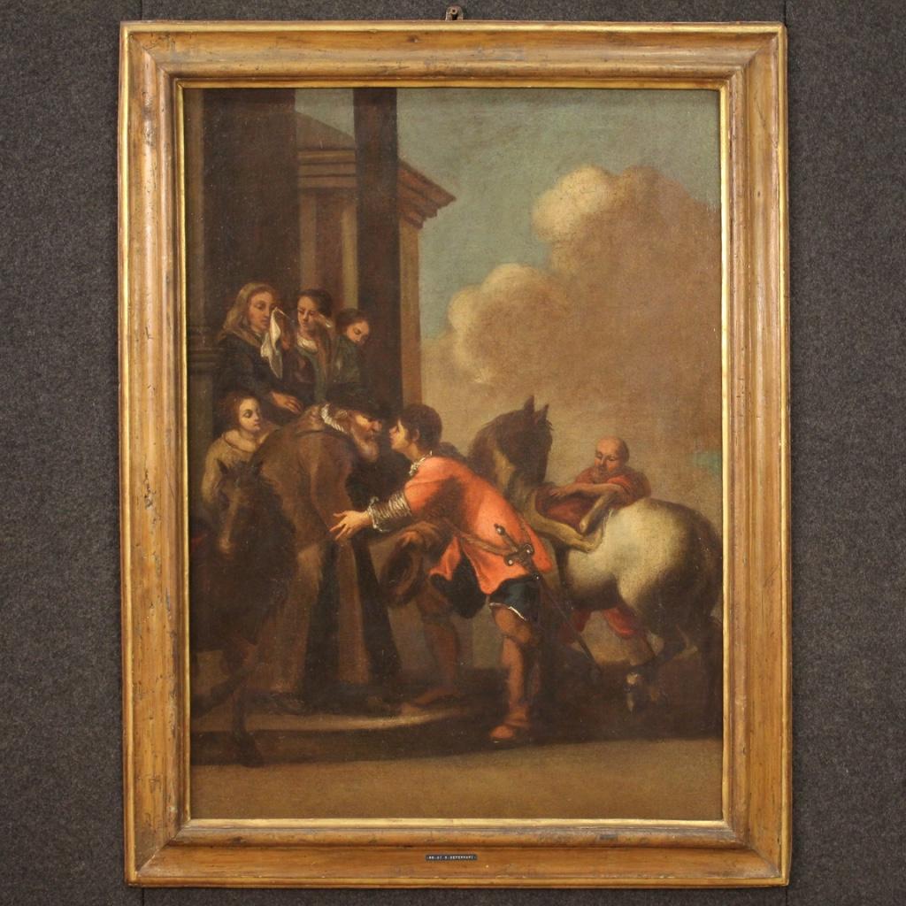 Antique Italian painting from the first half of the 18th century. Artwork oil on canvas depicting biblical subject The departure of the prodigal son. Non-coeval frame adapted to the painting and restored during the 20th century. Painting that has