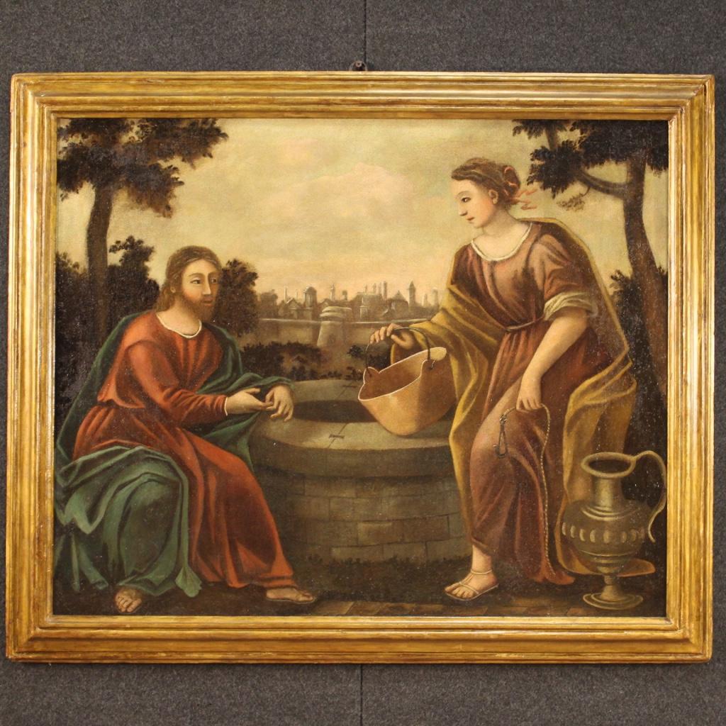 Antique Italian painting from 18th century. Framework oil on canvas depicting a subject of sacred art Jesus and the Samaritan woman at the well of good pictorial quality. Nice size and pleasant impact painting with wooden frame of the 20th century