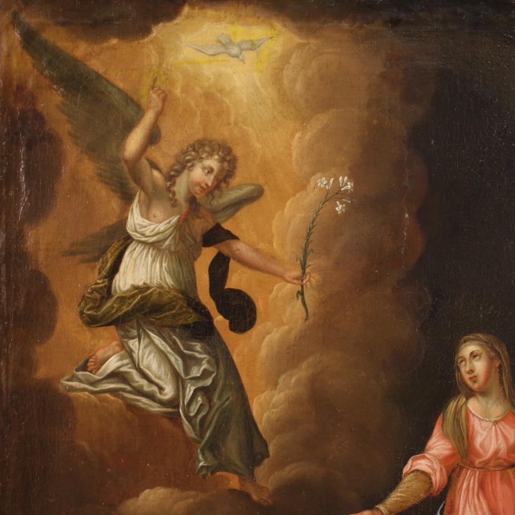 18th Century Oil on Canvas Antique Italian Religious Painting Annunciation, 1750 In Fair Condition In Vicoforte, Piedmont