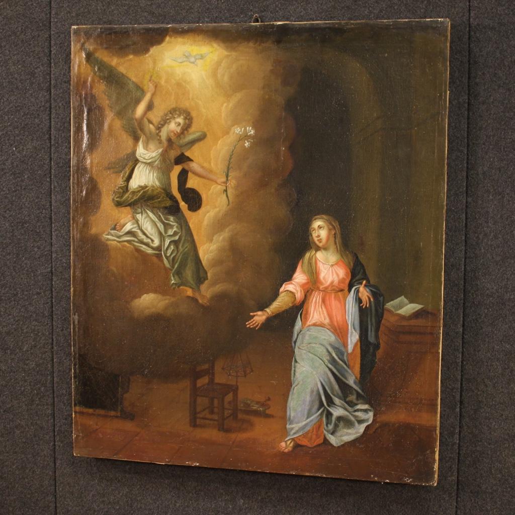 18th Century Oil on Canvas Antique Italian Religious Painting Annunciation, 1750 3