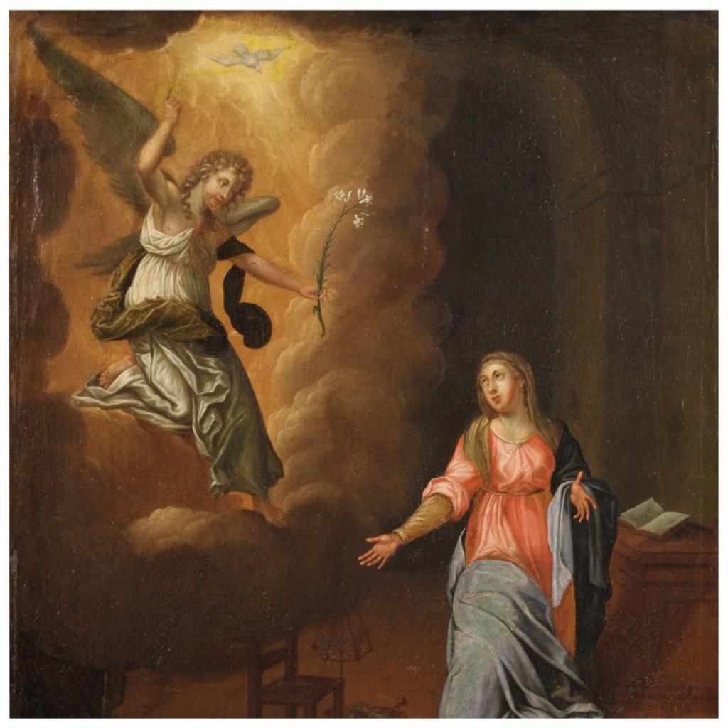 18th Century Oil on Canvas Antique Italian Religious Painting Annunciation, 1750