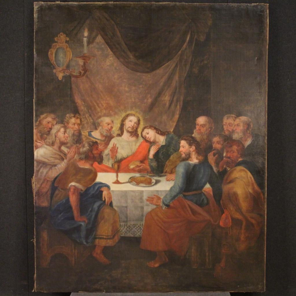 Antique Italian painting from the late 18th century. Oil painting on canvas depicting the subject of sacred art, last supper, of good pictorial quality. Framework of exceptional size and impact, for antique dealers and collectors. Framework of