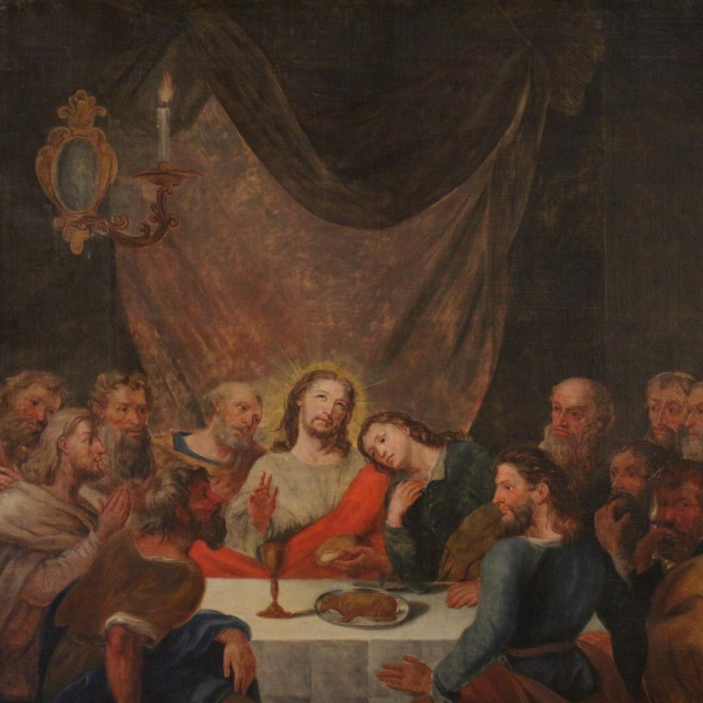 18th Century Oil on Canvas Antique Italian Religious Painting Last Supper, 1780 In Fair Condition In Vicoforte, Piedmont