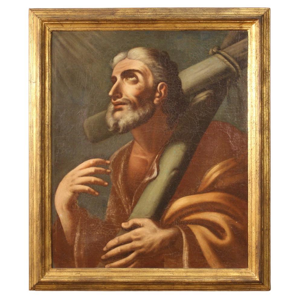 Antique Italian painting from the 18th century. Framework oil on canvas depicting a religious subject, portrait of Saint Andrew of good pictorial quality. Modern carved and gilded wooden frame (bronze tint) of beautiful decoration. Framework of good