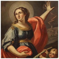 18th Century Oil on Canvas Antique Italian Religious Painting Saint Barbara 1730