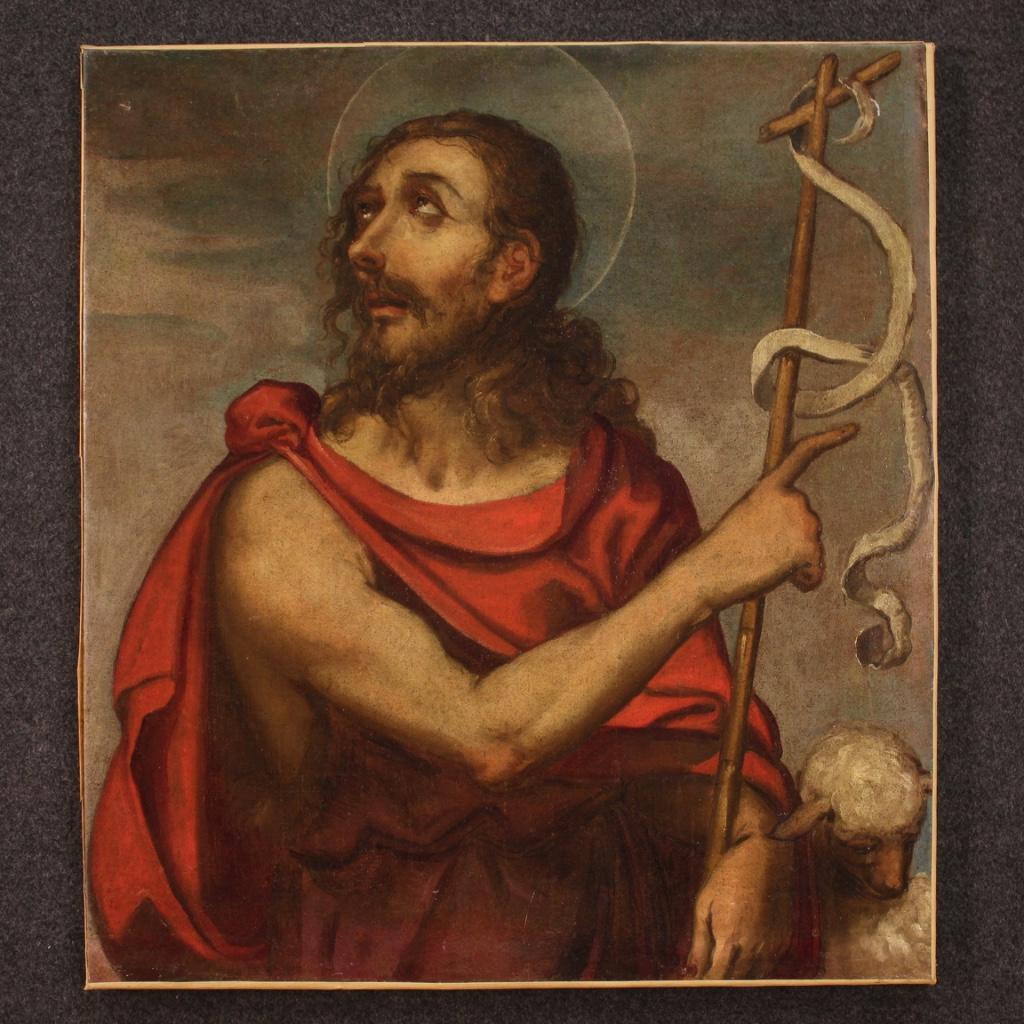 Antique Italian painting from the 18th century. Work oil on canvas depicting a religious subject Saint John the Baptist of good pictorial quality. Painting of beautiful size and proportion, for antique dealers, interior decorators and collectors of
