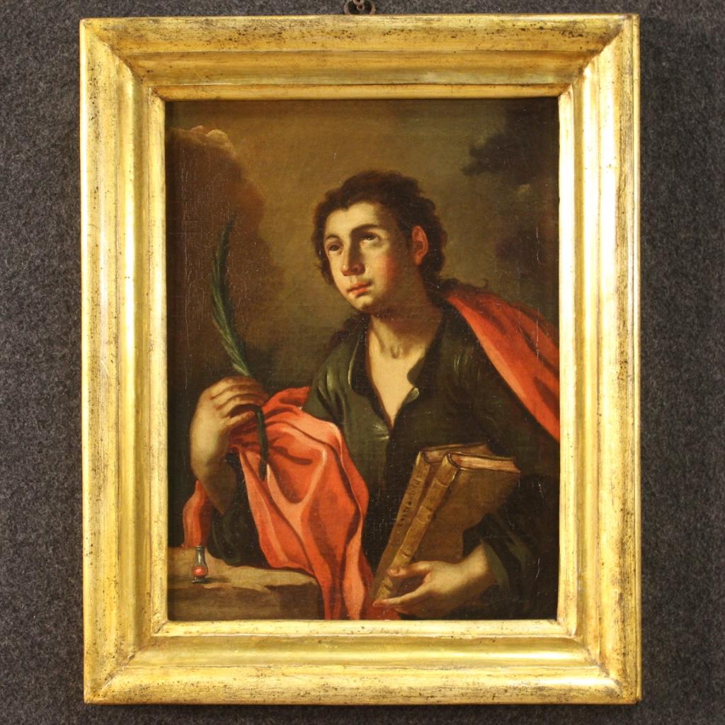 Peinture italienne ancienne du 18ème siècle. Cadre huile sur toile représentant un sujet d'art sacré Saint Pantaléon d'excellente qualité picturale. Cadre de belle taille à la décoration agréable avec un encadrement en bois non coeval re-doré au