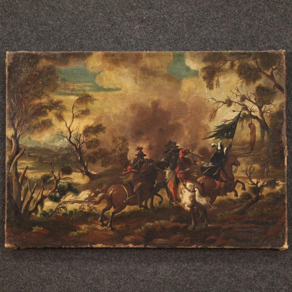 Antique Italian painting from the 18th century. Framework oil on canvas depicting battle with knights on horseback of excellent pictorial quality. Painting of good size and fabulous dynamism beautifully painted in detail. Work showing on the frame a