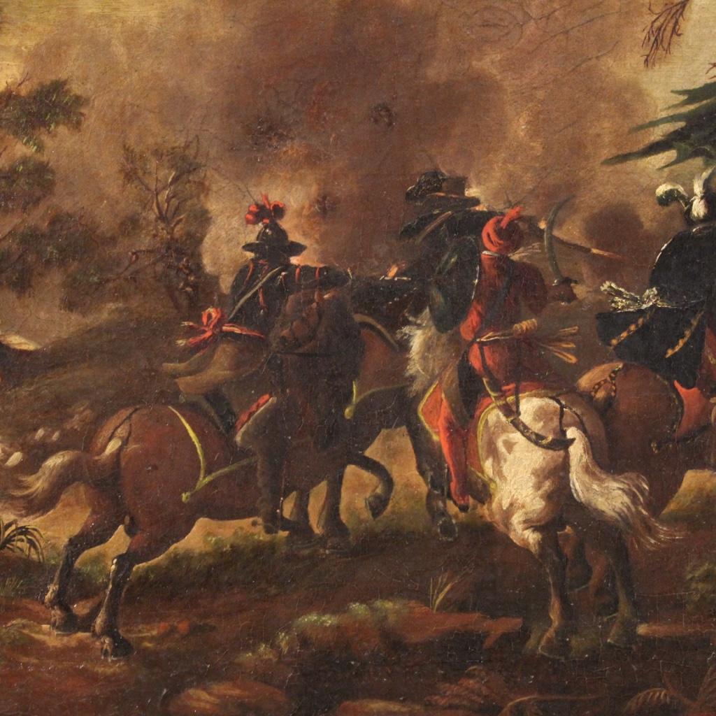 18th Century Oil on Canvas Antique Italian Signed Battle Painting, 1750 In Fair Condition In Vicoforte, Piedmont