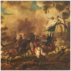 Huile sur toile du 18ème siècle, peinture italienne ancienne de bataille signée, 1750