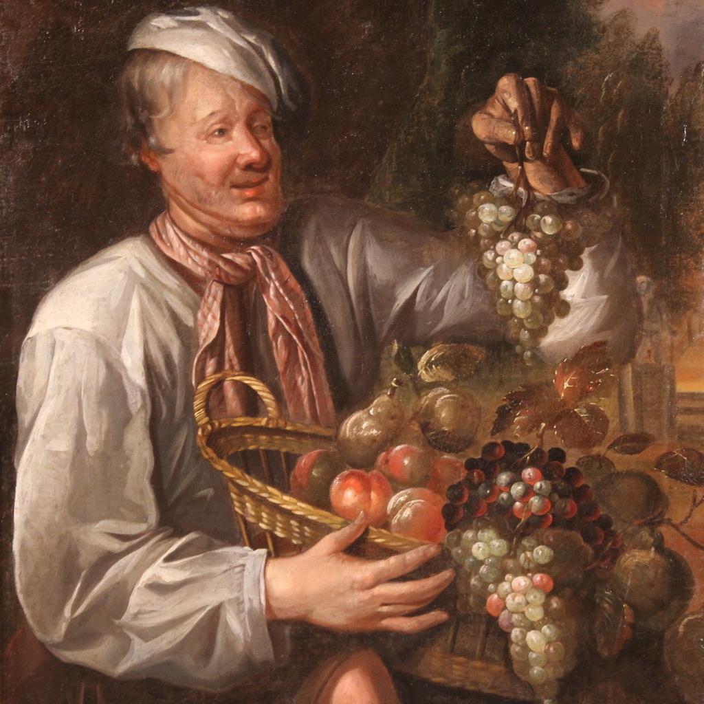 Ancient Italian painting from the second half of the 18th century. Oil on canvas work depicting a character, a greengrocer with a basket of fruit, of good pictorial quality. Painting of beautiful size and impact adorned by an imposing non-coeval