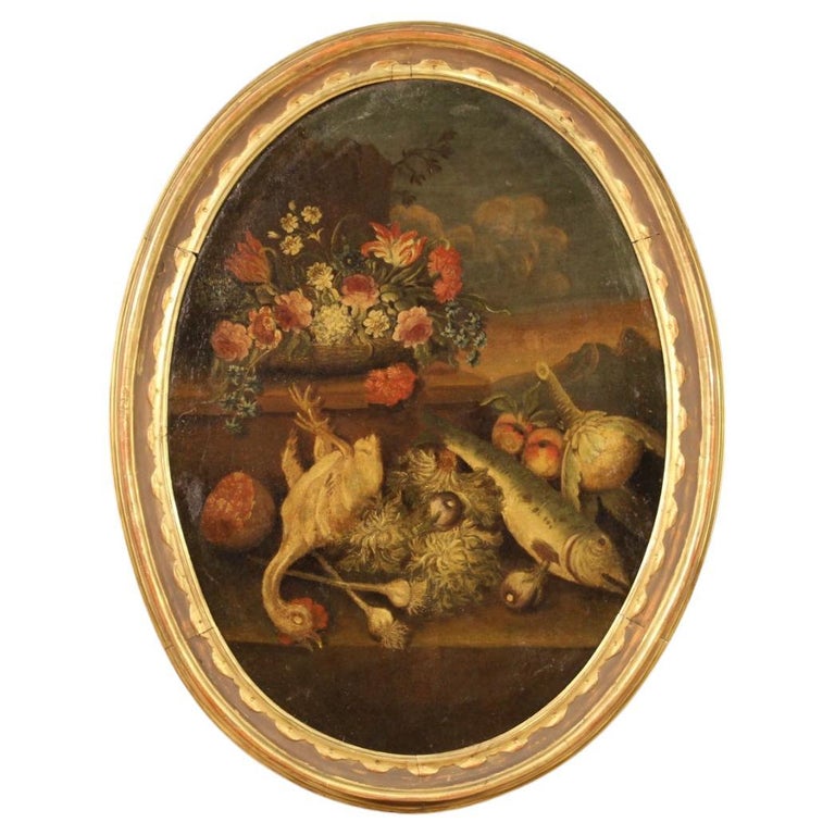 18th Century Oil on Canvas Antique Oval Italian Still Life Painting ...