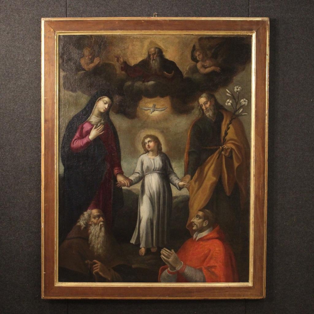 Antique Italian painting from 18th century. Framework oil on canvas, in the first canvas, depicting a subject of sacred art rich in elements and characters. Antique wooden frame with golden finish and beautiful decoration with some small signs of