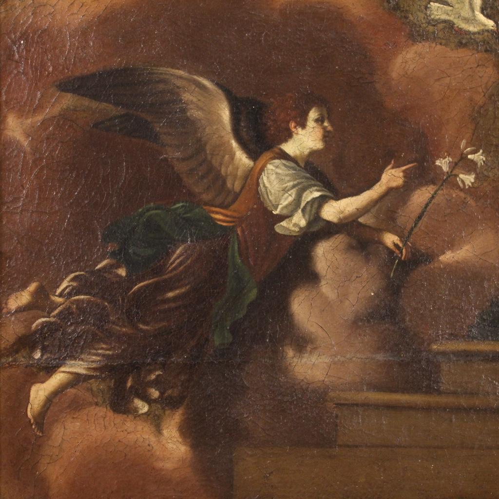 18th Century Oil on Canvas Antique Religious Italian Painting Annunciation, 1730 In Good Condition In Vicoforte, Piedmont