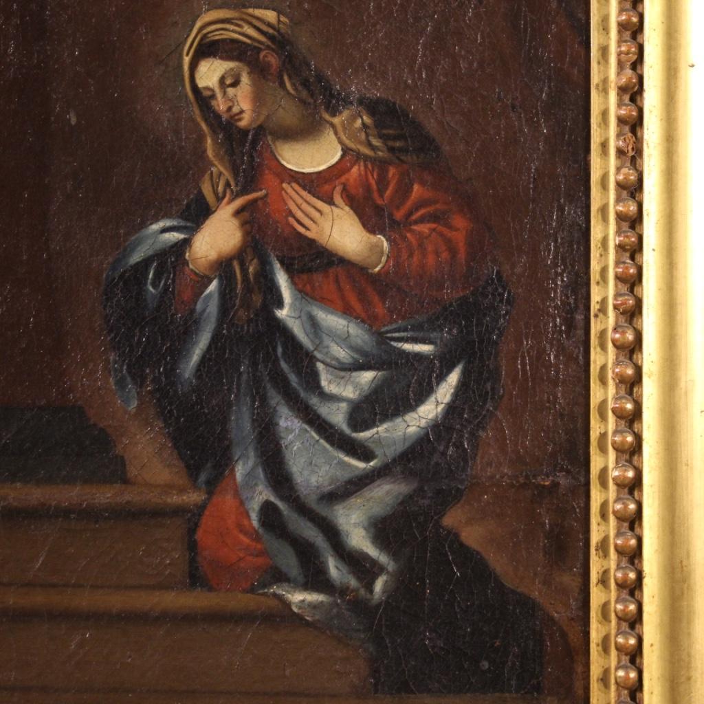 18th Century Oil on Canvas Antique Religious Italian Painting Annunciation, 1730 For Sale 1
