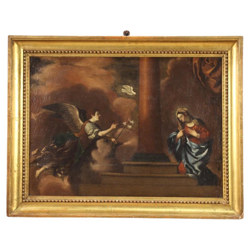 18th Century Oil on Canvas Antique Religious Italian Painting Annunciation, 1730