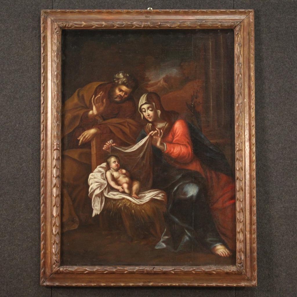 Antique Italian painting from the 18th century. Work oil on canvas of the Emilian school depicting the Holy Family of excellent pictorial quality. Painting of great measure and impact, for antique dealers, interior decorators and collectors of