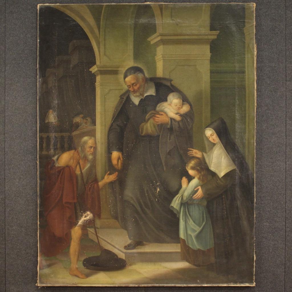 Antique Italian painting from the second half of the 18th century. Work oil on canvas, on the first canvas, depicting the religious subject The Charity of good pictorial quality. Painting of great measure and particular perspective, for antique