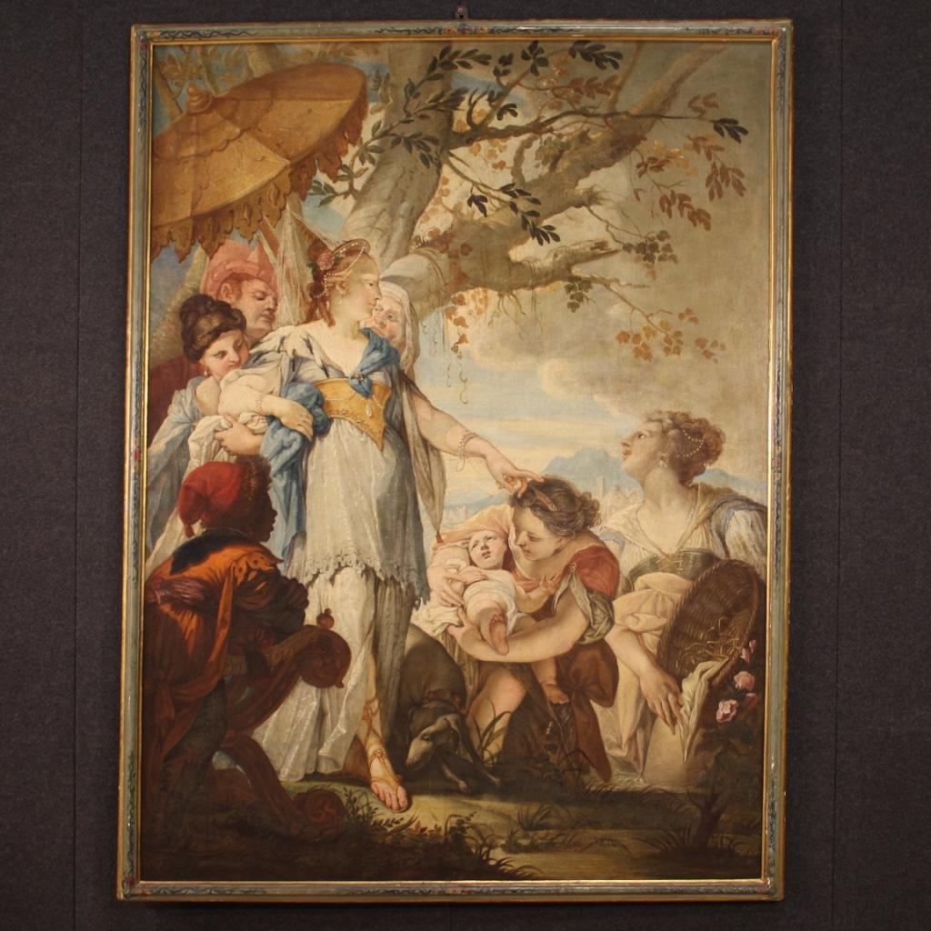 Antique Venetian painting from the 18th century. Work oil on canvas depicting biblical subject Moses saved from the waters of fabulous pictorial hand. Painting of exceptional size adorned with an amazing antique lacquered, gilded and hand painted