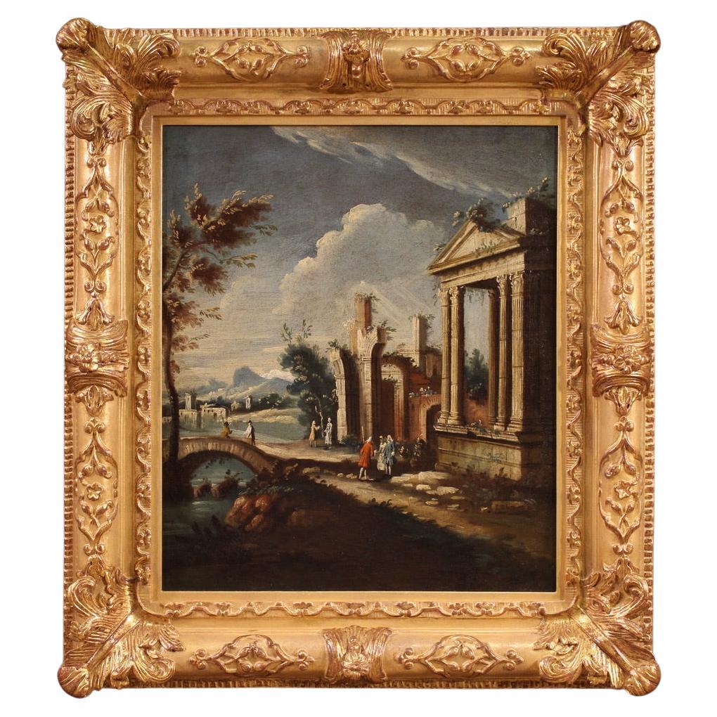 Huile sur toile du XVIIIe siècle Architectural Capriccio Landscape Venetian Painting