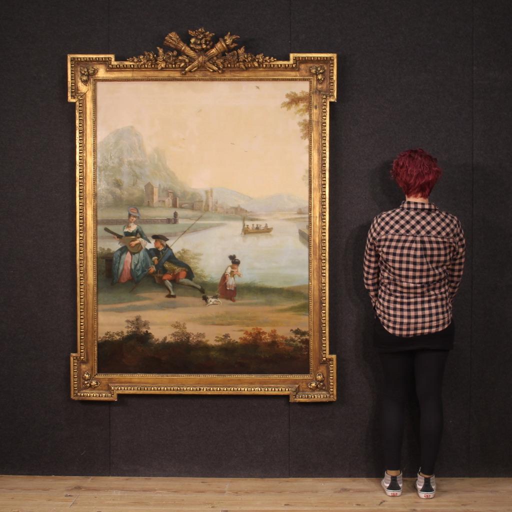 Antique Northern European (Holland) painting from the late 18th century. Artwork oil on canvas depicting a romantic subject, Gallant scene on the bank of a lake, of good pictorial quality. Non-coeval wooden and plaster frame, from the end of the