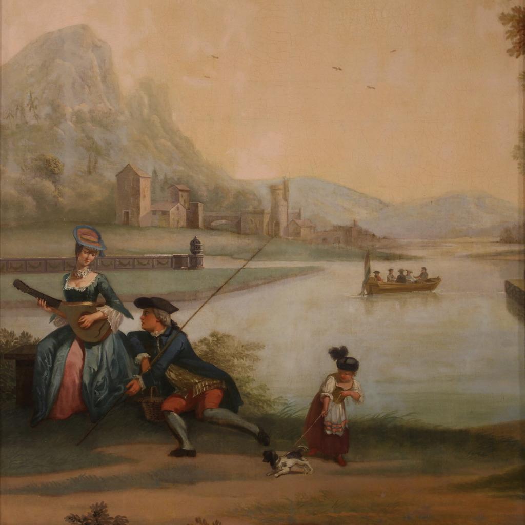 18th Century Oil on Canvas Dutch Antique Gallant Scene Landscape Painting 1770 In Good Condition In Vicoforte, Piedmont